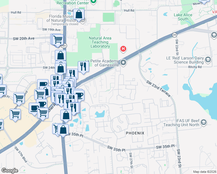 map of restaurants, bars, coffee shops, grocery stores, and more near 2905 Southwest Archer Road in Gainesville
