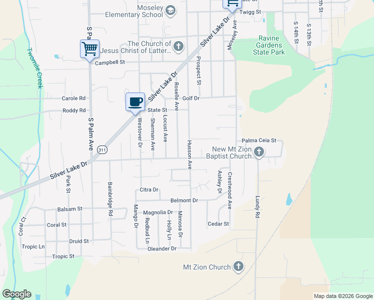 map of restaurants, bars, coffee shops, grocery stores, and more near 2005 Roselle Avenue in Palatka