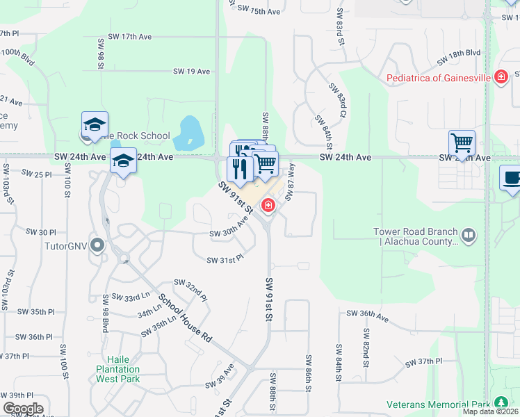 map of restaurants, bars, coffee shops, grocery stores, and more near 300 Southwest 87th Drive in Gainesville
