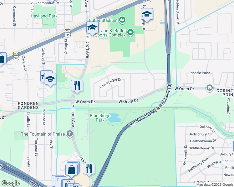map of restaurants, bars, coffee shops, grocery stores, and more near 13723 Firerock Drive in Houston