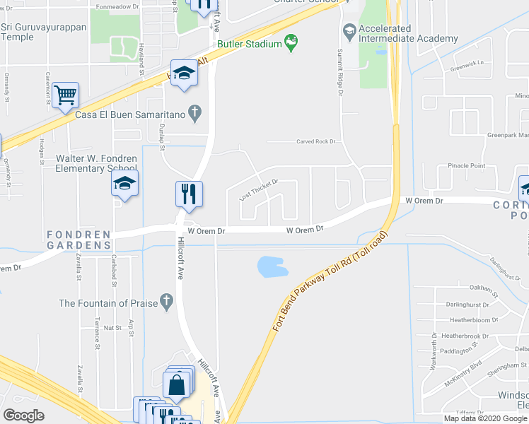 map of restaurants, bars, coffee shops, grocery stores, and more near 13706 Wood River Drive in Houston