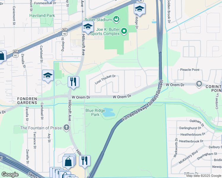 map of restaurants, bars, coffee shops, grocery stores, and more near 13723 Firerock Drive in Houston