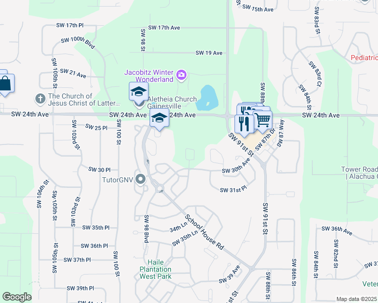 map of restaurants, bars, coffee shops, grocery stores, and more near 9419 Southwest 27 Road in Gainesville
