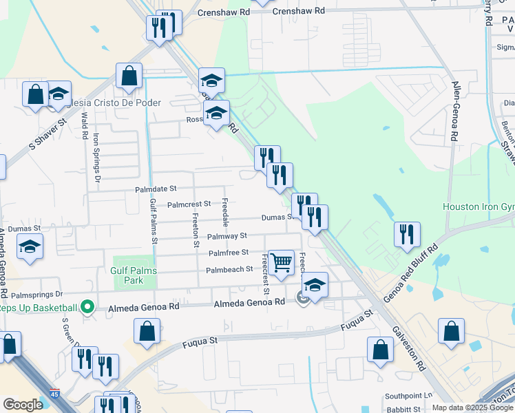 map of restaurants, bars, coffee shops, grocery stores, and more near 12337 Dumas Street in Houston