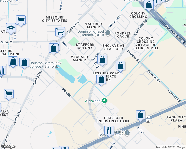 map of restaurants, bars, coffee shops, grocery stores, and more near 13103 Venice Lane in Stafford