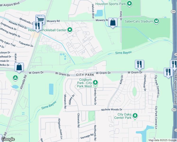 map of restaurants, bars, coffee shops, grocery stores, and more near 2201 West Orem Drive in Houston