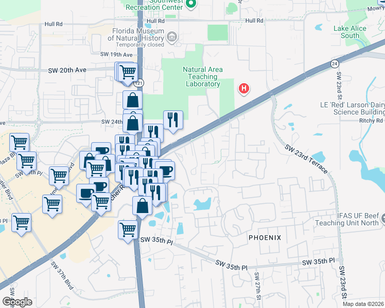 map of restaurants, bars, coffee shops, grocery stores, and more near 3027 Southwest Archer Road in Gainesville