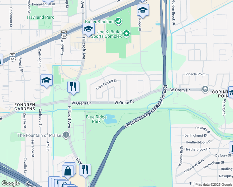 map of restaurants, bars, coffee shops, grocery stores, and more near 13723 Firerock Drive in Houston