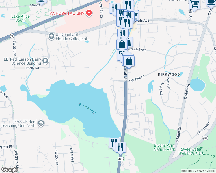 map of restaurants, bars, coffee shops, grocery stores, and more near 2514 Southwest 14th Drive in Gainesville