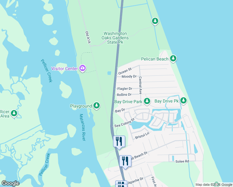 map of restaurants, bars, coffee shops, grocery stores, and more near 5 Rollins Drive in Palm Coast