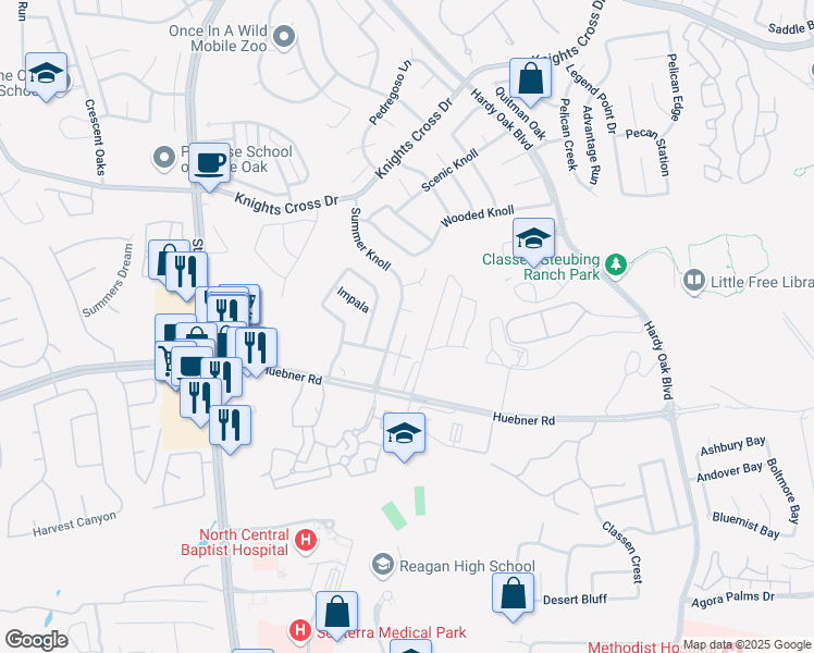 map of restaurants, bars, coffee shops, grocery stores, and more near 17919 Winter Hill in San Antonio