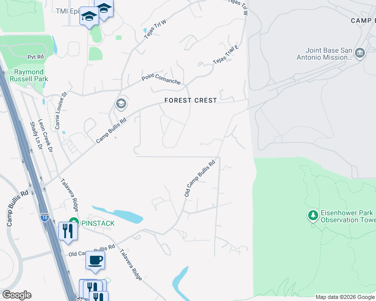 map of restaurants, bars, coffee shops, grocery stores, and more near 5651 Old Camp Bullis Road in San Antonio