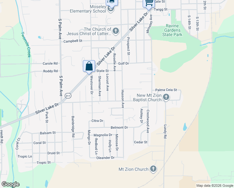 map of restaurants, bars, coffee shops, grocery stores, and more near 2005 Roselle Avenue in Palatka