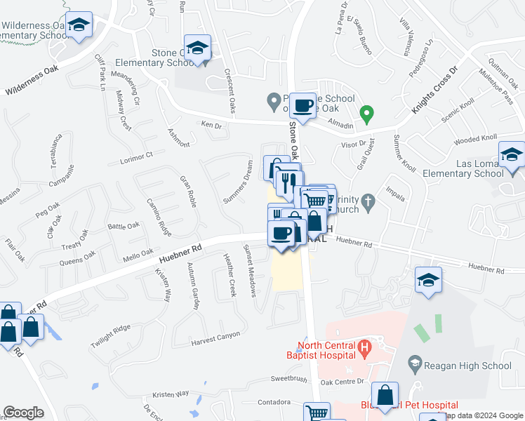 map of restaurants, bars, coffee shops, grocery stores, and more near 20211 Huebner Road in San Antonio