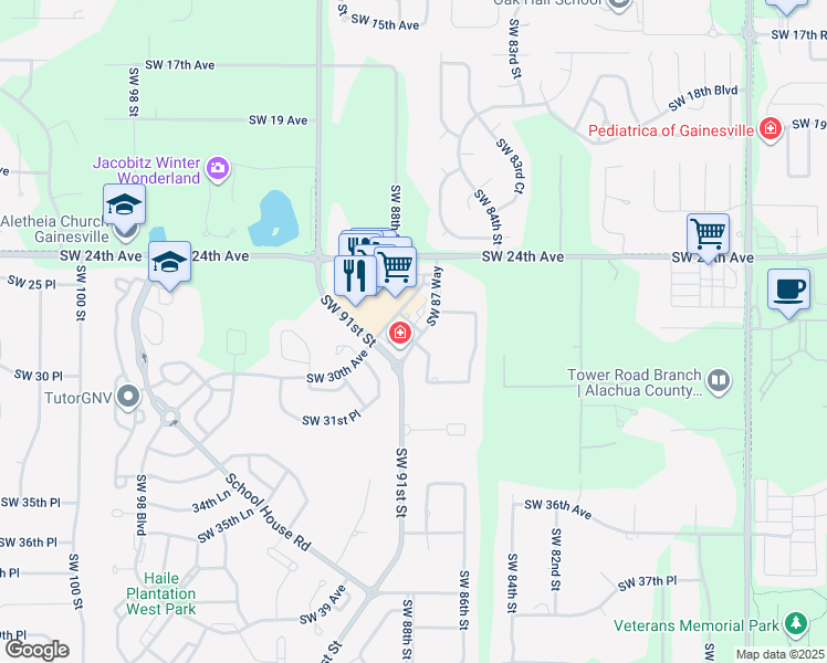 map of restaurants, bars, coffee shops, grocery stores, and more near 2714 Southwest 87 Way in Gainesville