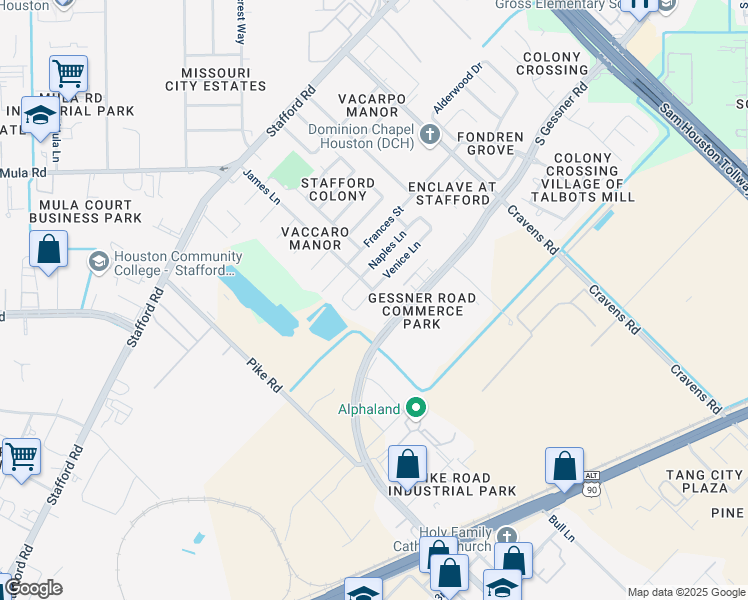 map of restaurants, bars, coffee shops, grocery stores, and more near 13103 Venice Lane in Stafford
