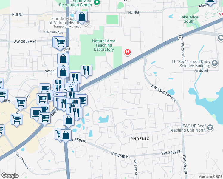 map of restaurants, bars, coffee shops, grocery stores, and more near 2905 Southwest Archer Road in Gainesville