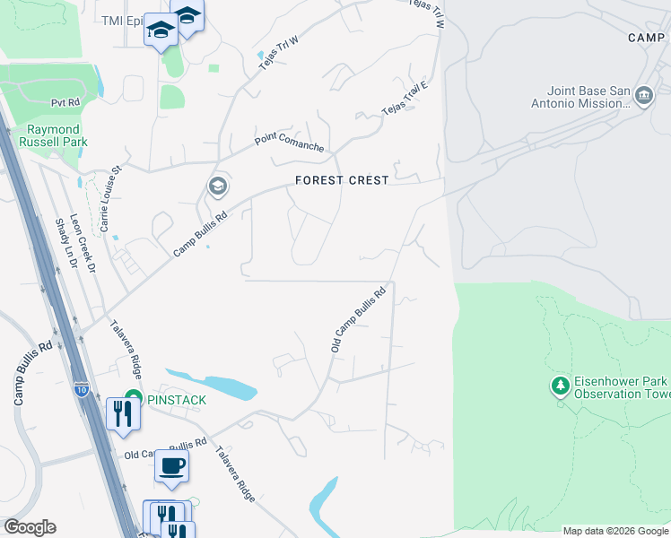map of restaurants, bars, coffee shops, grocery stores, and more near 5651 Old Camp Bullis Road in San Antonio