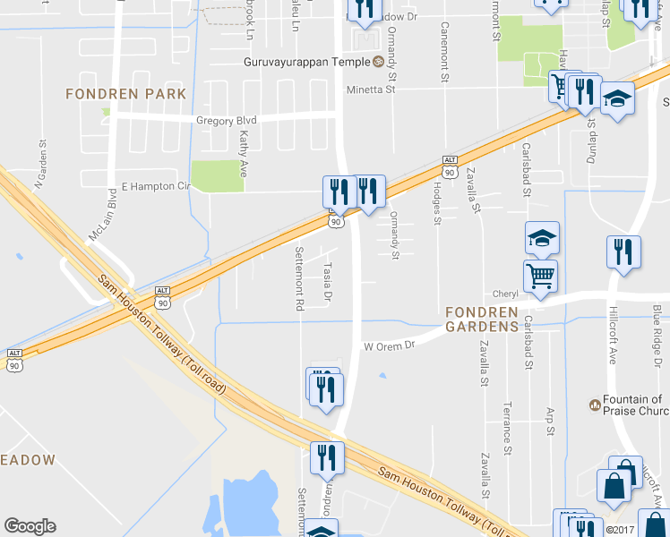map of restaurants, bars, coffee shops, grocery stores, and more near 12325 Tasia Drive in Houston