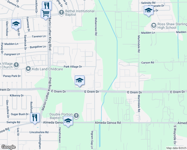 map of restaurants, bars, coffee shops, grocery stores, and more near 12314 Webercrest Road in Houston