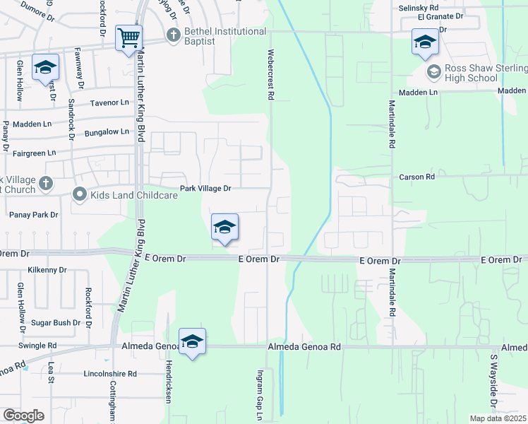 map of restaurants, bars, coffee shops, grocery stores, and more near 12314 Webercrest Road in Houston
