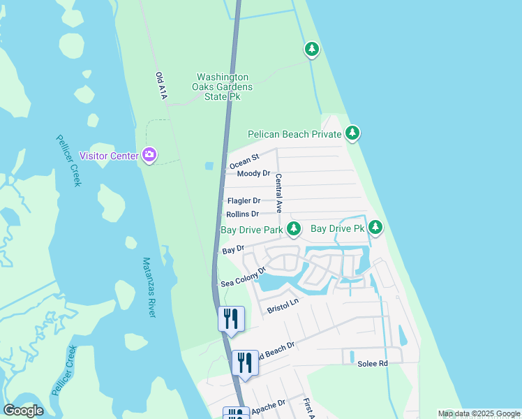 map of restaurants, bars, coffee shops, grocery stores, and more near 19 Rollins Drive in Palm Coast