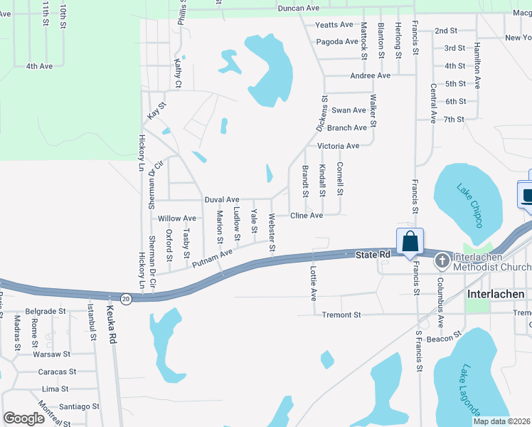 map of restaurants, bars, coffee shops, grocery stores, and more near 119 Webster Street in Interlachen