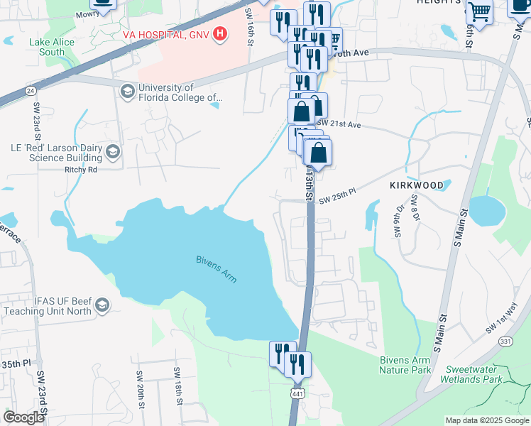 map of restaurants, bars, coffee shops, grocery stores, and more near 2504 Southwest 14th Drive in Gainesville