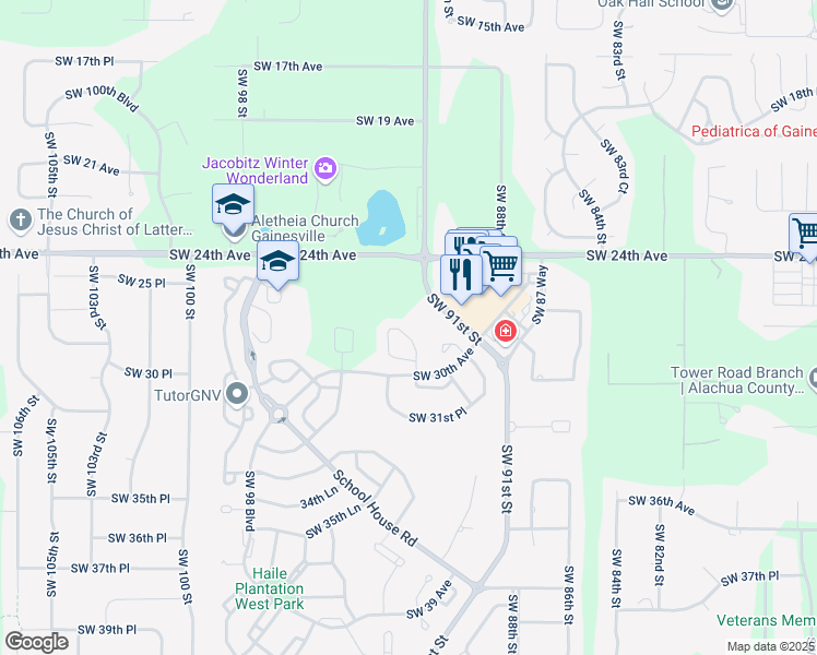 map of restaurants, bars, coffee shops, grocery stores, and more near 2775 Southwest 92nd Terrace in Gainesville