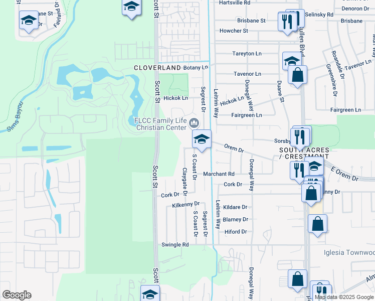 map of restaurants, bars, coffee shops, grocery stores, and more near 12503 Claygate Drive in Houston