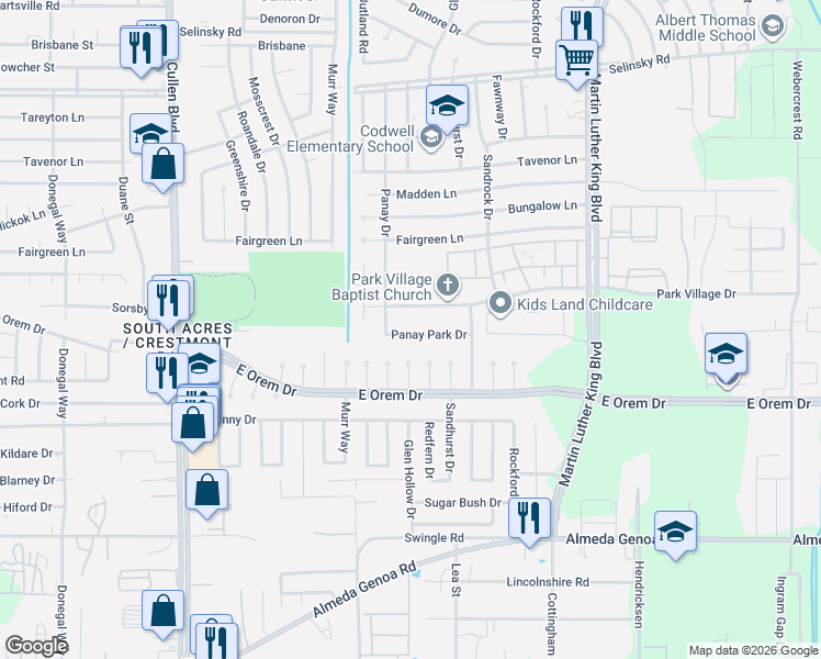 map of restaurants, bars, coffee shops, grocery stores, and more near 5215 Panay Park Drive in Houston