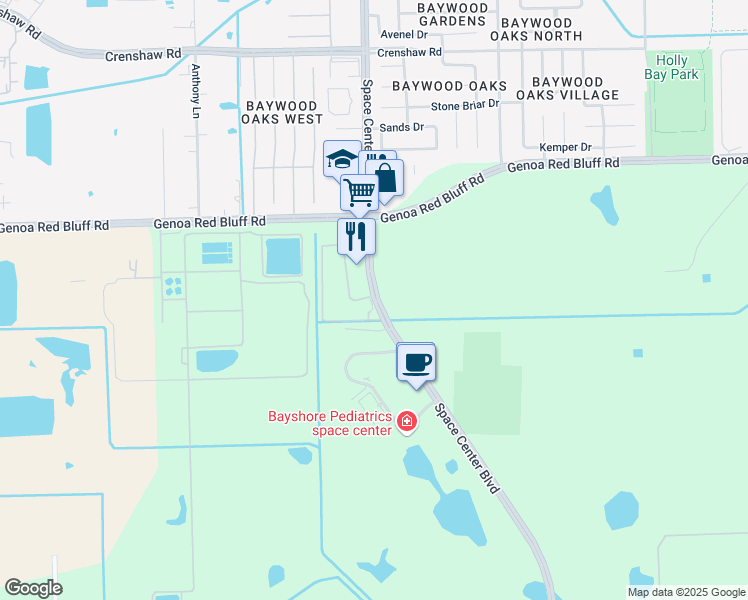 map of restaurants, bars, coffee shops, grocery stores, and more near 11400 Space Center Boulevard in Houston