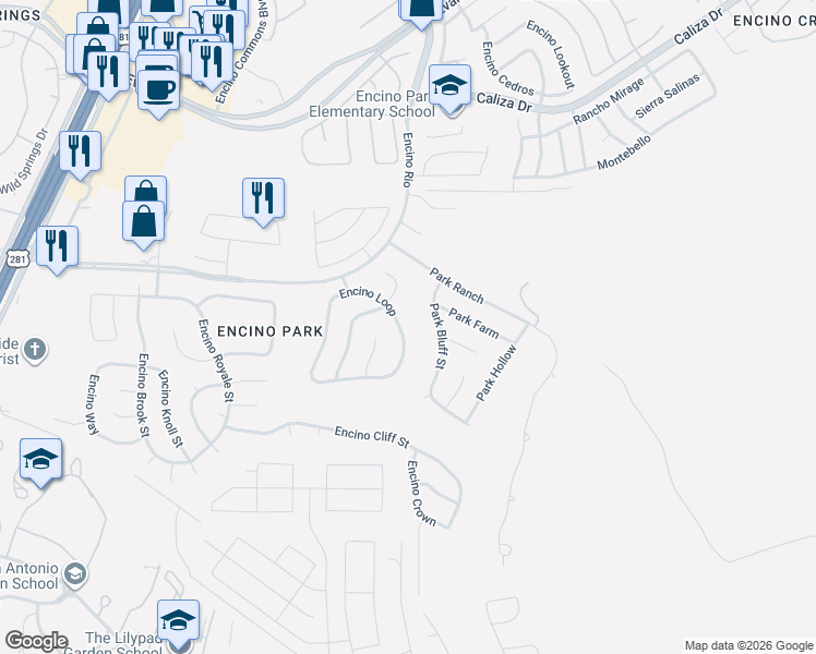 map of restaurants, bars, coffee shops, grocery stores, and more near 2246 Encino Loop in San Antonio