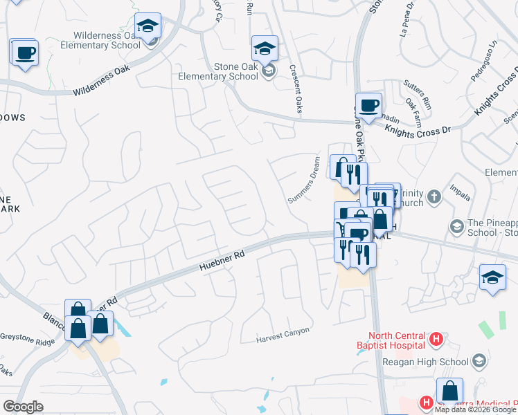 map of restaurants, bars, coffee shops, grocery stores, and more near 19419 Gran Roble in San Antonio