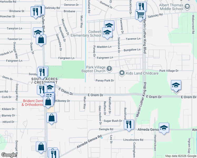 map of restaurants, bars, coffee shops, grocery stores, and more near 5101 Panay Park Drive in Houston
