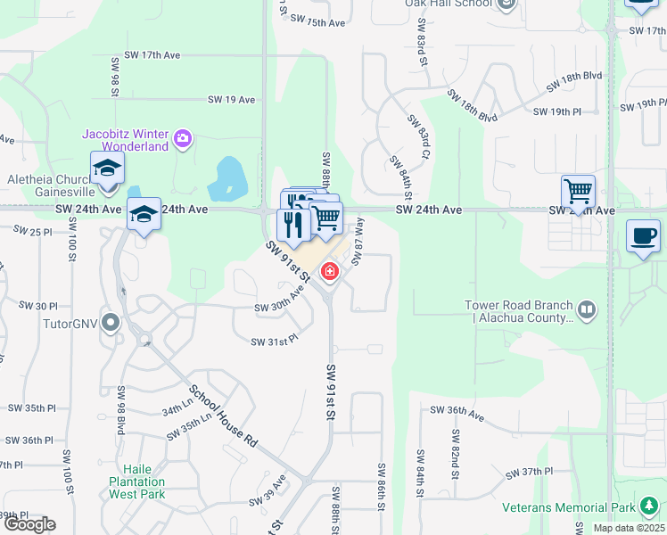 map of restaurants, bars, coffee shops, grocery stores, and more near 2714 Southwest 87 Way in Gainesville