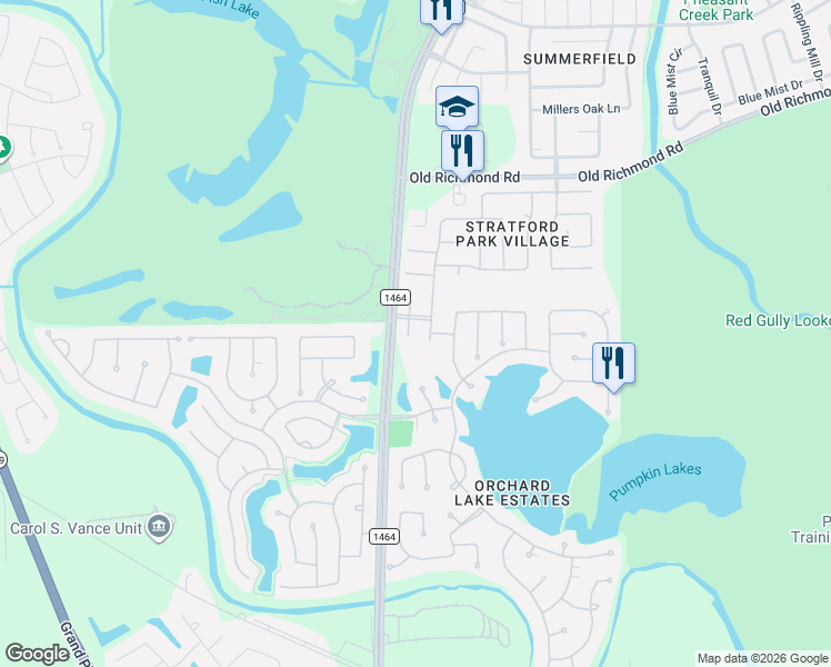 map of restaurants, bars, coffee shops, grocery stores, and more near 12938 Stratford Creek Drive in Sugar Land