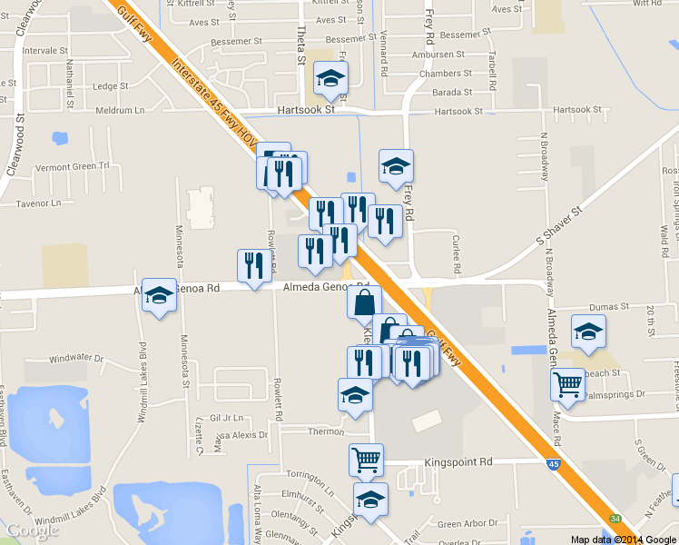 map of restaurants, bars, coffee shops, grocery stores, and more near 11570 Gulf Fwy in Houston