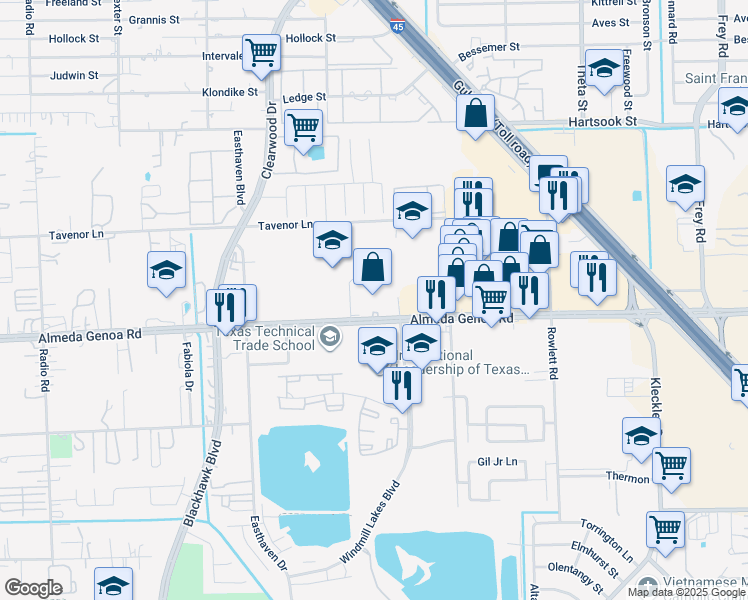 map of restaurants, bars, coffee shops, grocery stores, and more near 9827 Almeda-Genoa Road in Houston