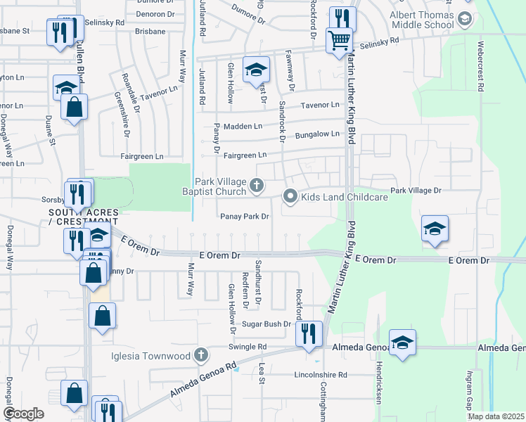 map of restaurants, bars, coffee shops, grocery stores, and more near 5251 Panay Park Drive in Houston