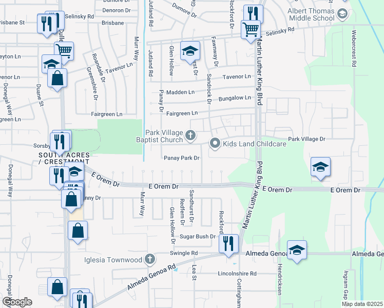 map of restaurants, bars, coffee shops, grocery stores, and more near 5251 Panay Park Drive in Houston