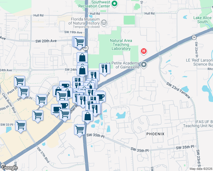 map of restaurants, bars, coffee shops, grocery stores, and more near 2651 Southwest 31st Terrace in Gainesville