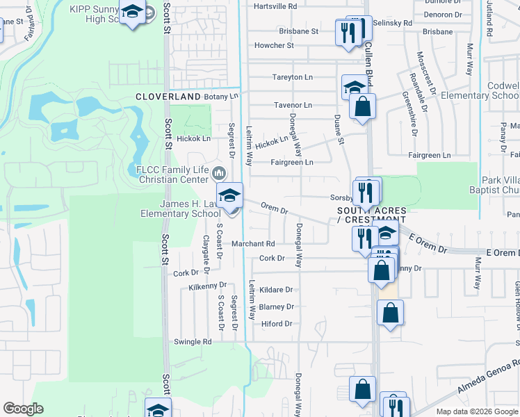 map of restaurants, bars, coffee shops, grocery stores, and more near 4019 Rosewin Circle in Houston