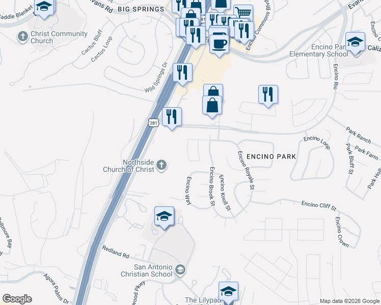 map of restaurants, bars, coffee shops, grocery stores, and more near 19910 Encino Briar in San Antonio