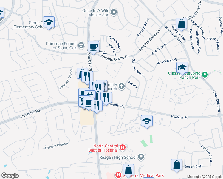 map of restaurants, bars, coffee shops, grocery stores, and more near 19126 Stonehue in San Antonio