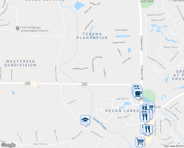 map of restaurants, bars, coffee shops, grocery stores, and more near 2407 Churchill's Ferry Crossing in Richmond