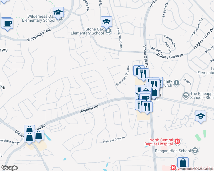 map of restaurants, bars, coffee shops, grocery stores, and more near 19419 Gran Roble in San Antonio