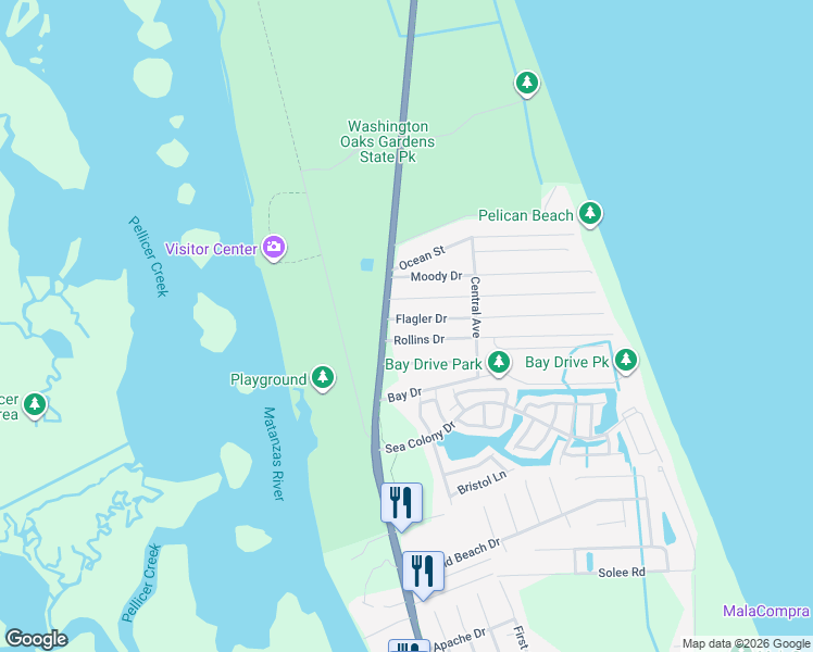 map of restaurants, bars, coffee shops, grocery stores, and more near 5 Rollins Drive in Palm Coast