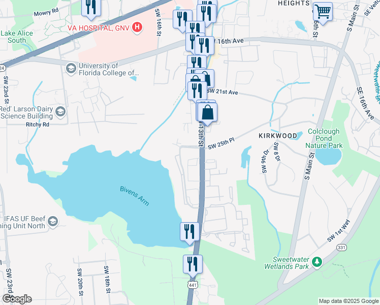 map of restaurants, bars, coffee shops, grocery stores, and more near 2490 Southwest 14th Drive in Gainesville
