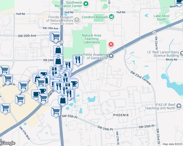 map of restaurants, bars, coffee shops, grocery stores, and more near 3001 Southwest Archer Road in Gainesville